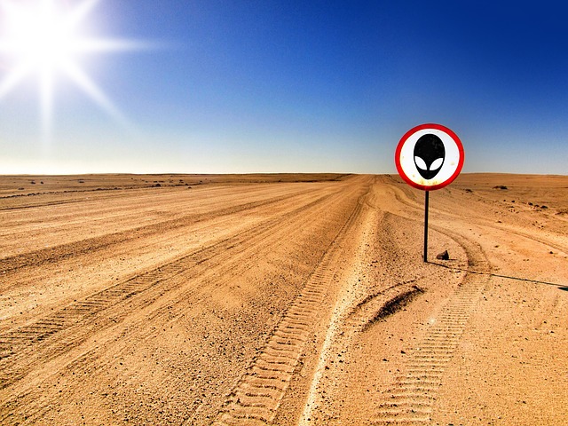 photo of the desert with an alien sign.