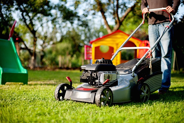 a man the mowing lawn, which is a unique way to feel less stressed.