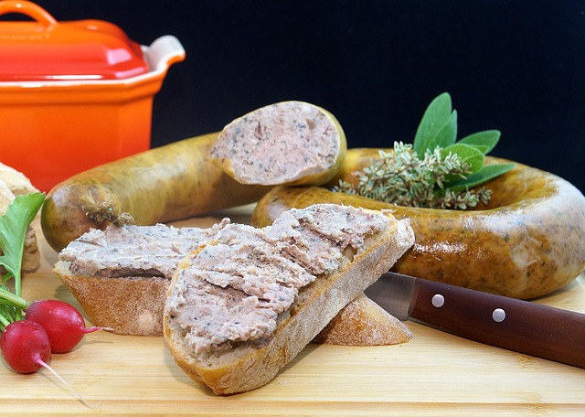 liver sausages and pate on bread.